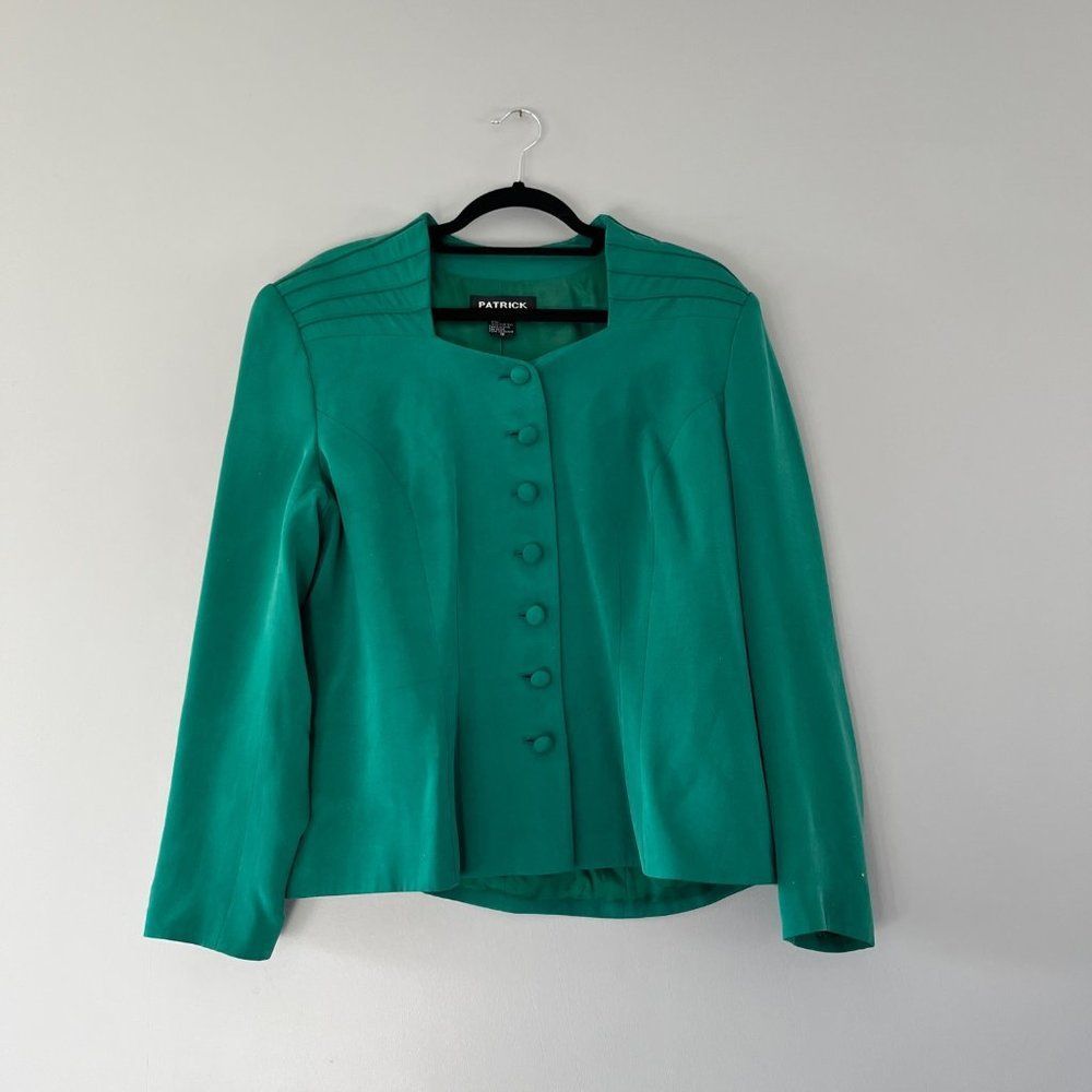 Patrick Collection Green Silk Blazer Button Front Square Neck 16